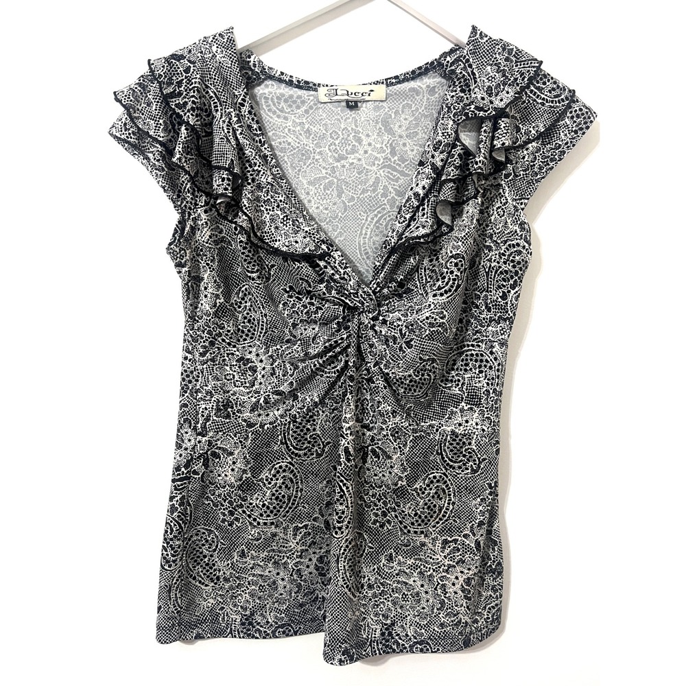 UNBRANDED Ruffle Cap Sleeve Top Women M Black White Paisley Lace Print Y2K Retro